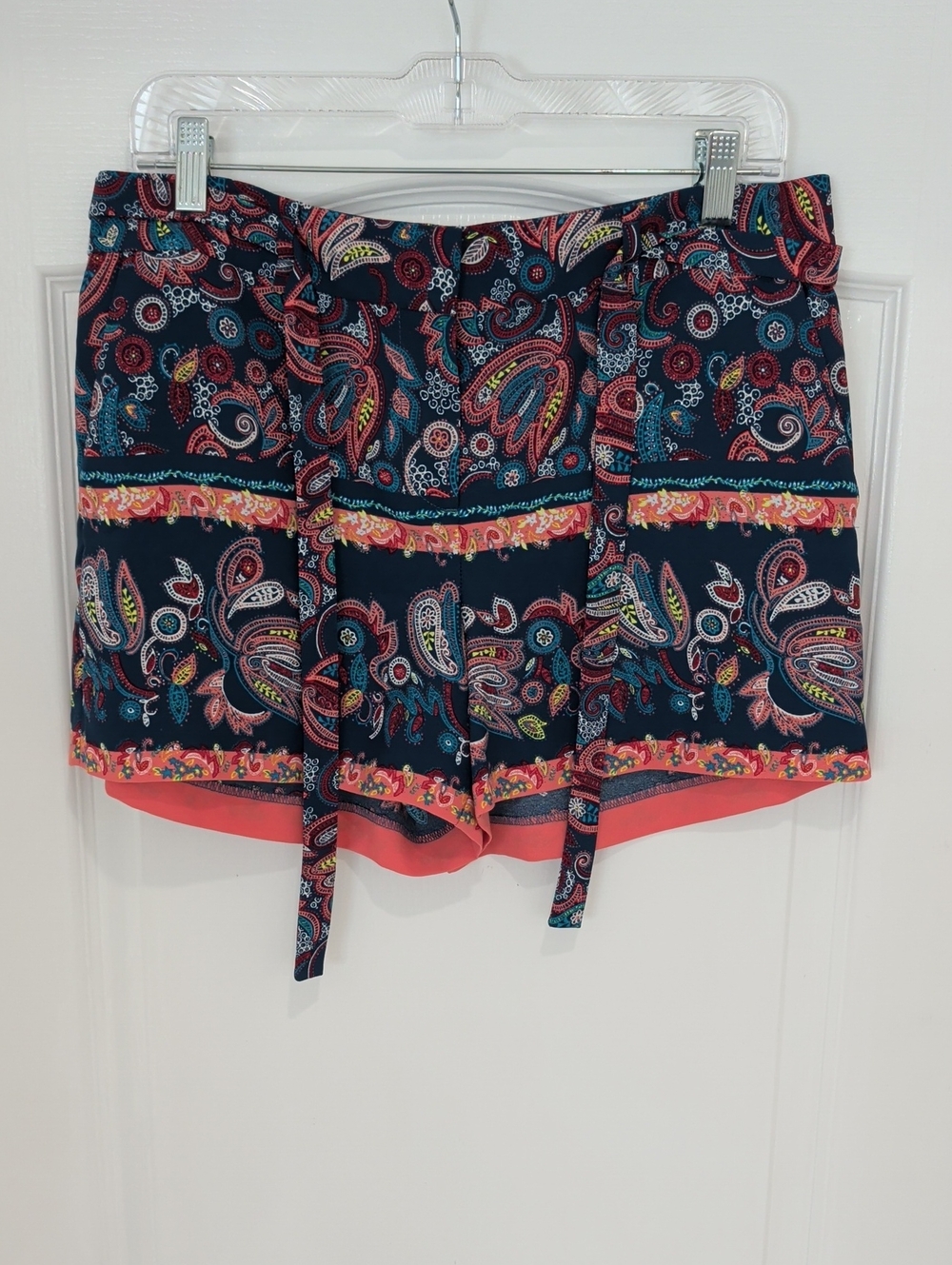 LOFT Boho Paisley Print Loose Fit Shorts Tie Belt Pockets Navy Teal Coral 4